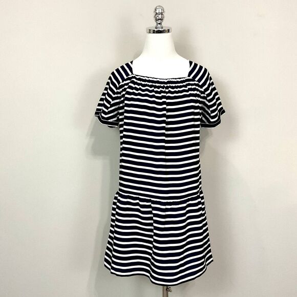 J Crew Navy Stripe Dress Nautical Sz XS Marin Silk Drop Waist Lightweight - Picture 1 of 7